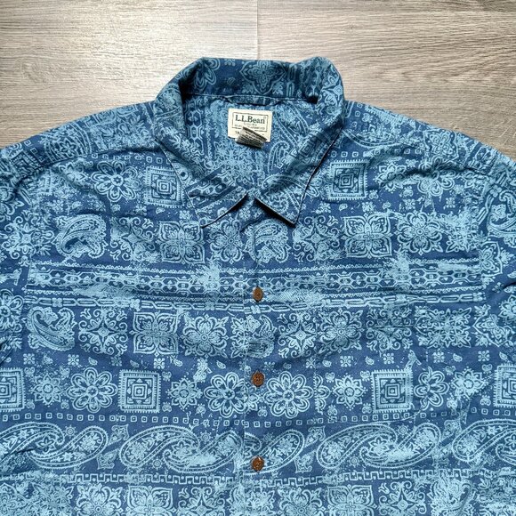L.L. Bean Mean's Tropics Camp Button Up Shirt - Blue - Picture 2 of 5